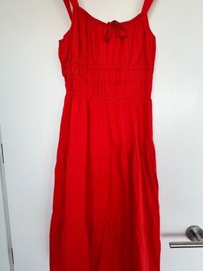 Sunday Best Martine Poppy Red Poplin Midi Dress Cotton poplin tiered midi dress